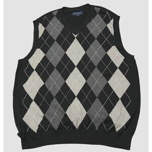 Club Room Men’s Argyle Cotton V-neck Sweater Vest Size Large Black Gray